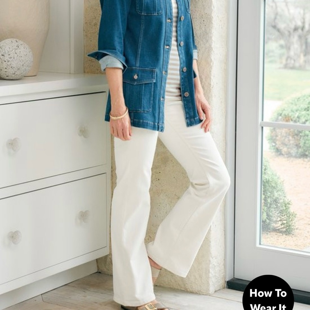 NWT Soft Surroundings Ultimate Denim Pull On Flare Jeans Petite Large Ivory
